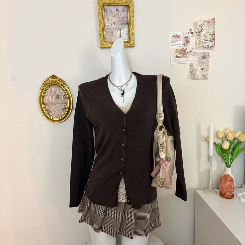 Charter Club Cardigan Size M Brown Silk Blend V-Neck Ribbed